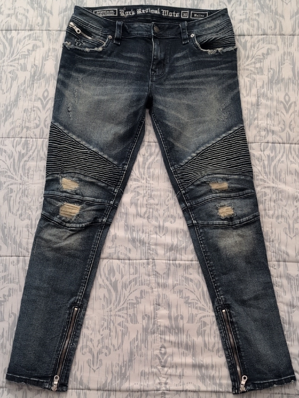 Rock Revival NALINE Moto Dark Washed Distressed Skinny Biker Ankle Zip Jeans 30